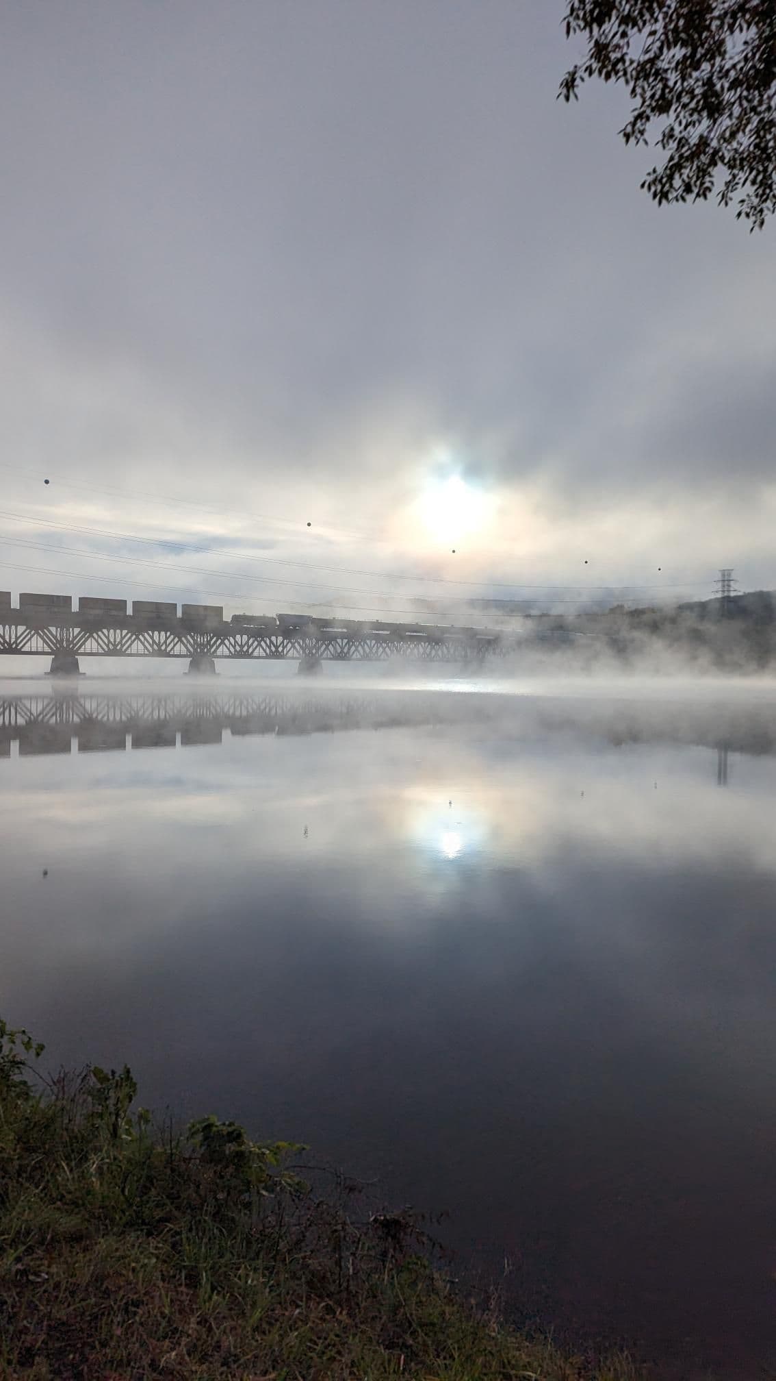 Train through morning fog.