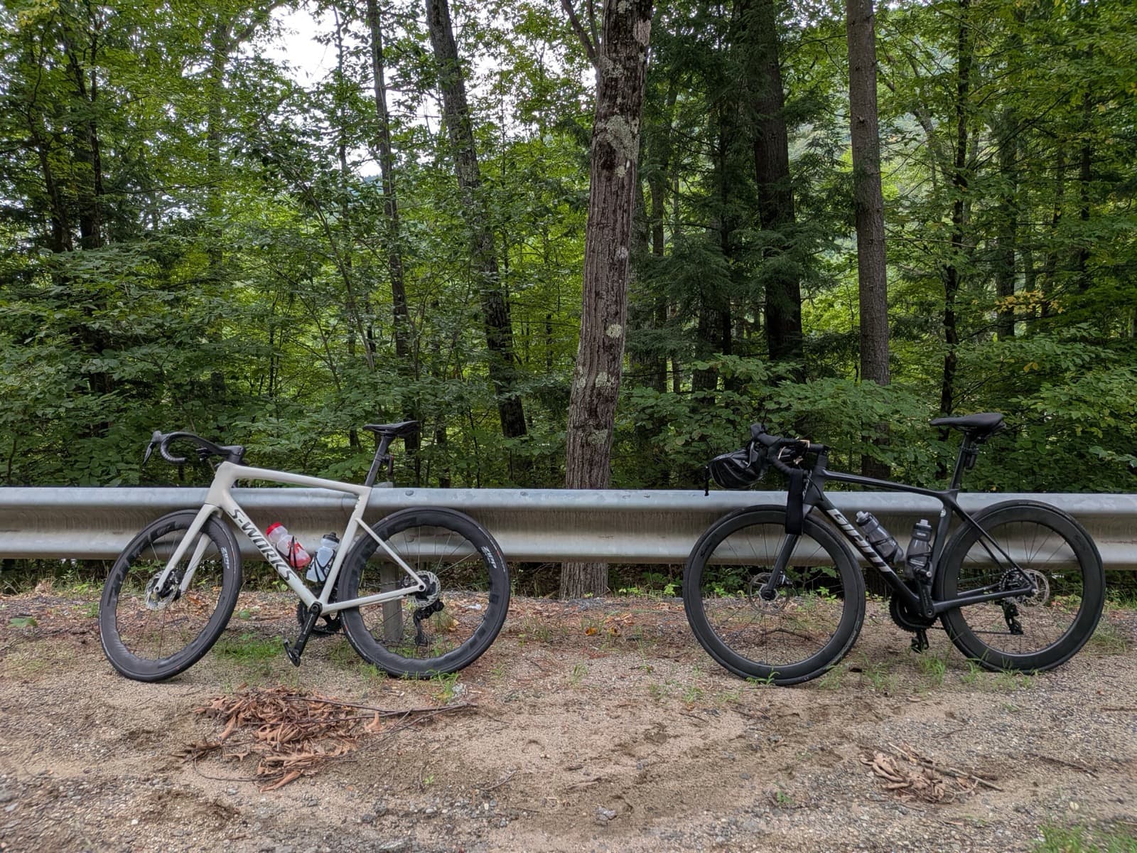Two bikes on a guardrail in the woods.