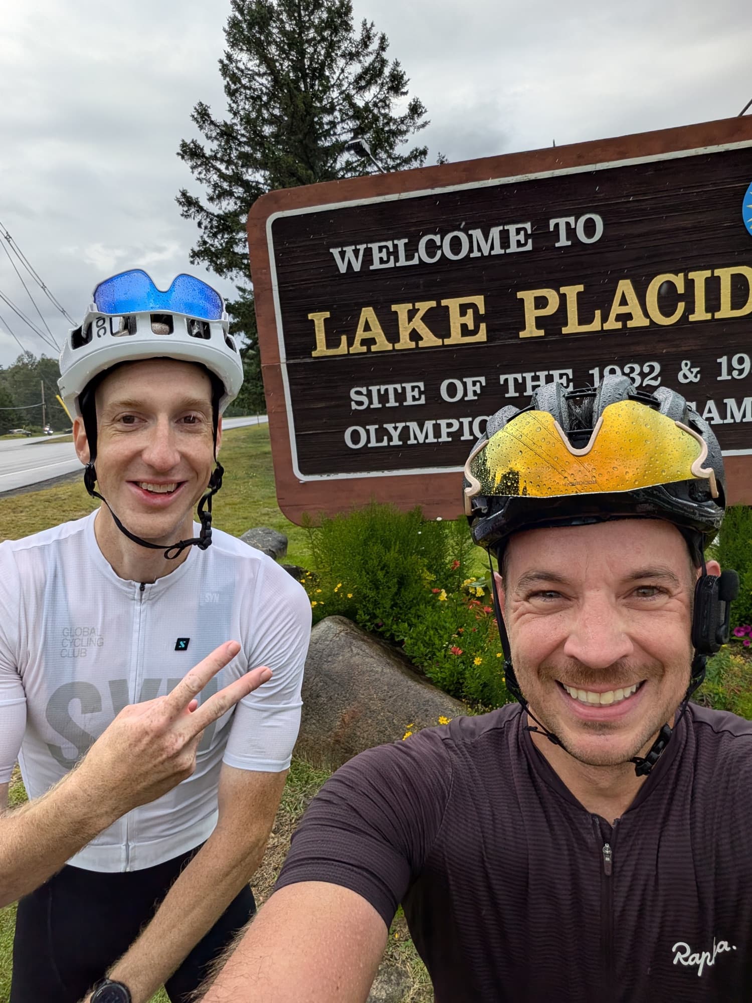 Pat and Tyler at the Welcome to Lake Placid sign, 2026.